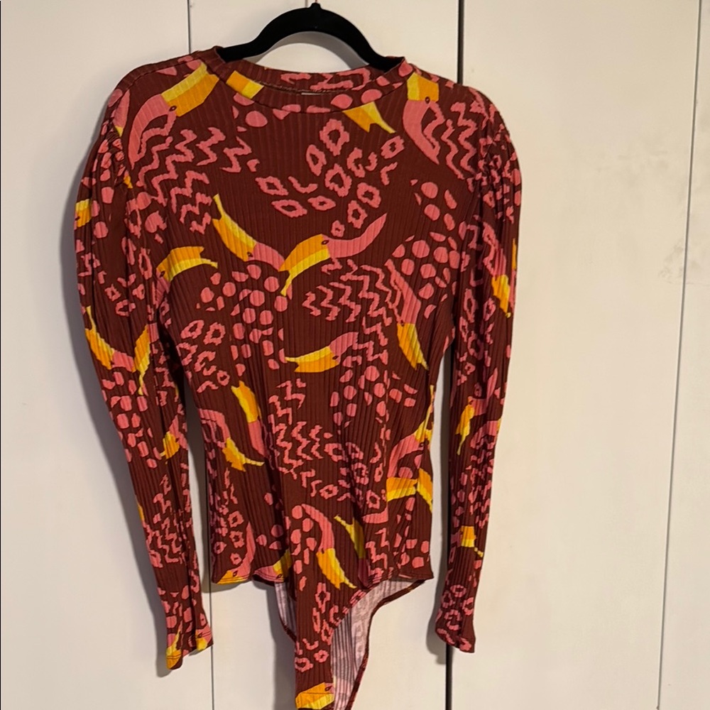 FARM Rio Red and Gold Asymmetrical Long Sleeve Bodysuit